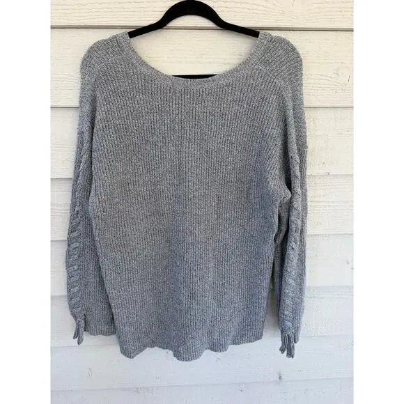 American Eagle Gray Chunky Knit Lace-Up Sleeve Sweater Size L Cozy V-Neck - Picture 8 of 8